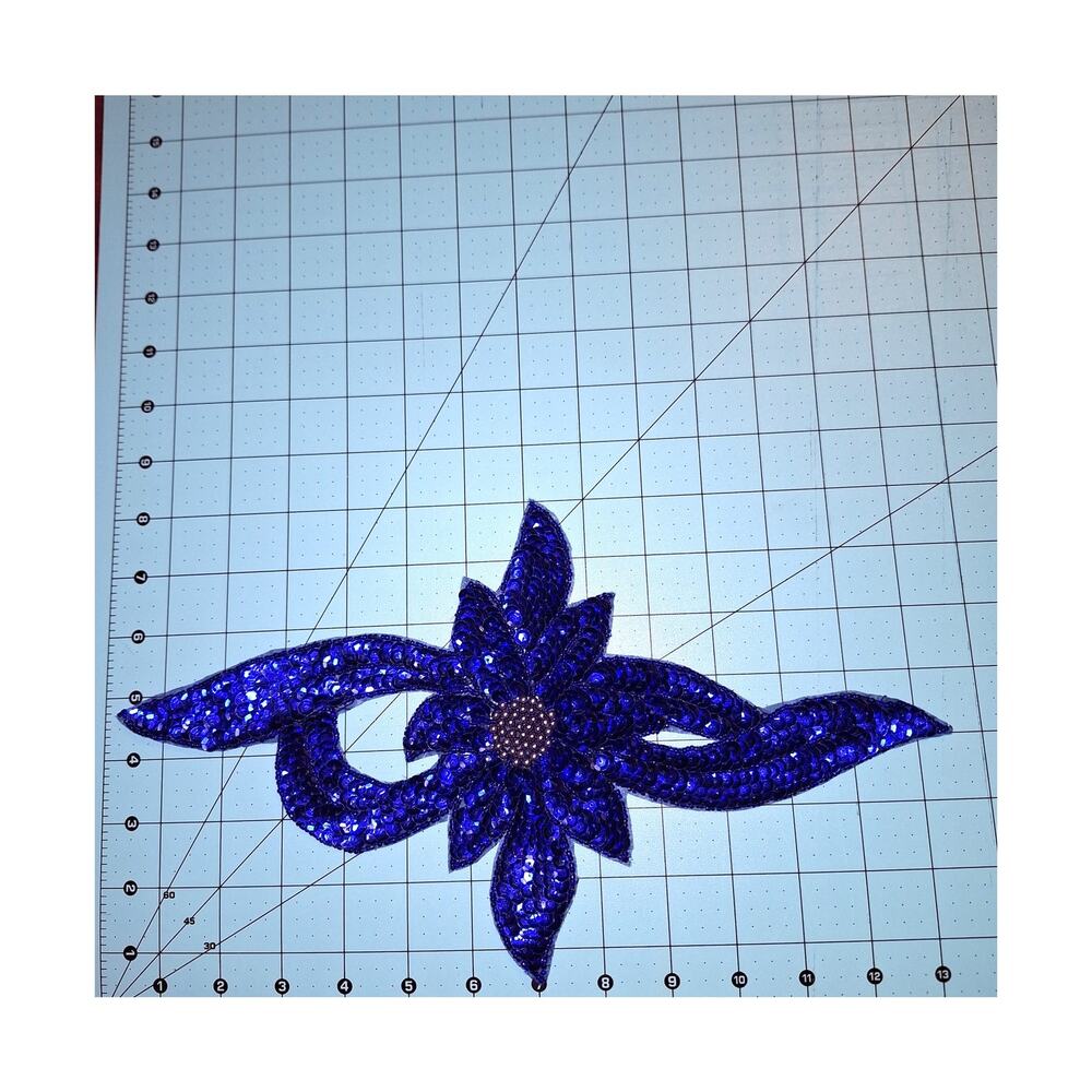 Sequin and Bead Appliques Blue Flower Neckline Gold Center Lot of 4
